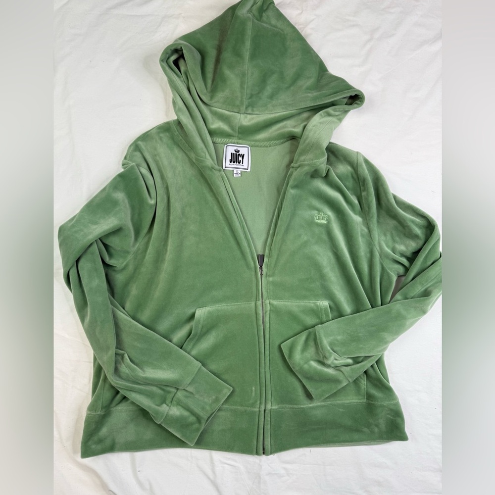 Juicy Couture Women Sweatshirt L Green Velour Hoodie With Pockets Full Zip A0302 - Picture 1 of 5